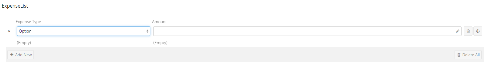 Form designer with the table-content control used to collect expense types.