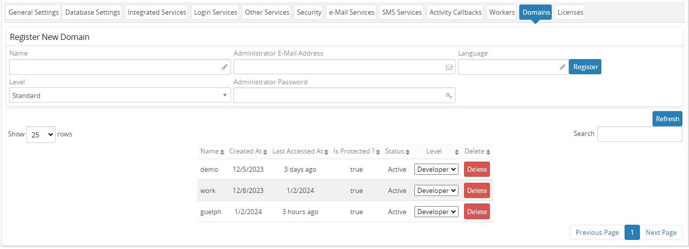 Domain registration and monitoring screen