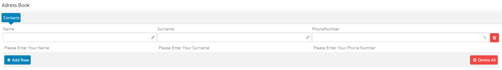 Tablo içerik denetimi aracılığıyla yeni bir satır eklenen adres defteri formu.