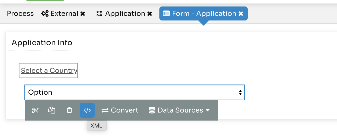 ScriptDataSource'u elle eklemek için kullanılan açılır liste XML düzenleyicisi.