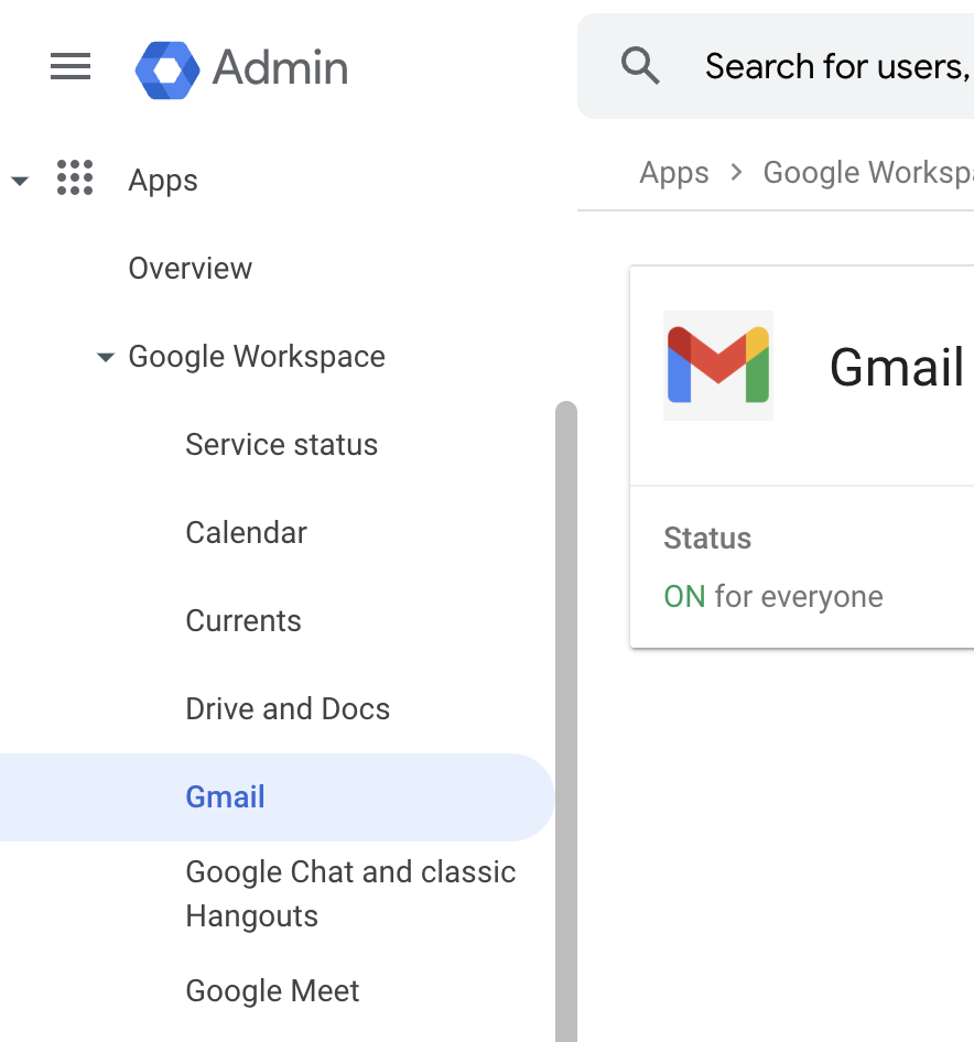 Google Yönetici Gmail gezinme menüsü