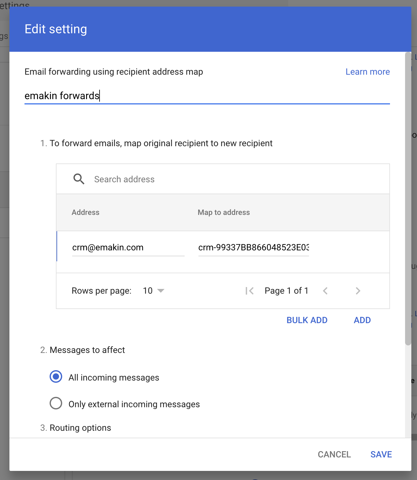 Google Gmail yönlendirme kuralı örneği